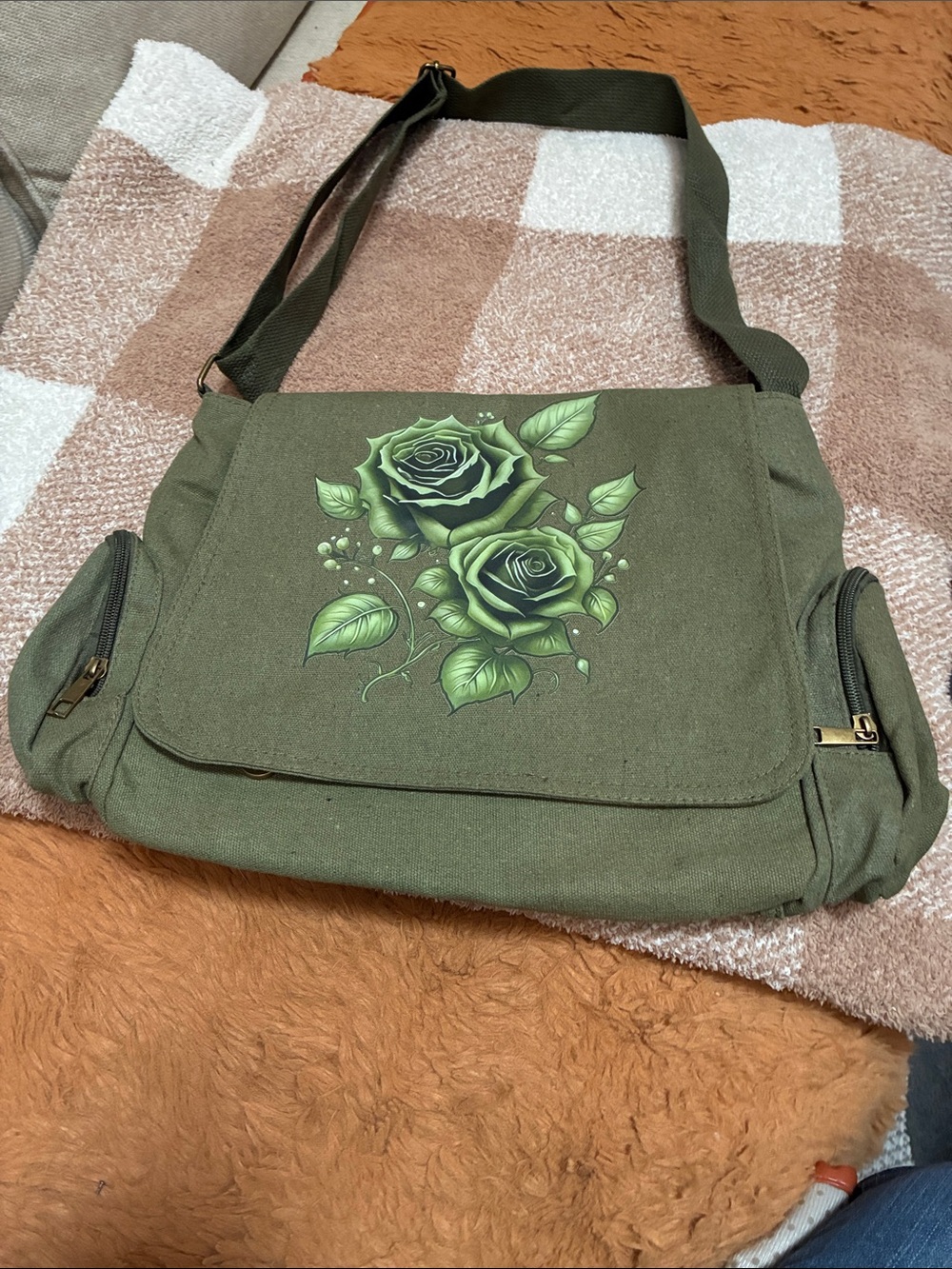 Olive Green Floral Canvas Crossbody Bag